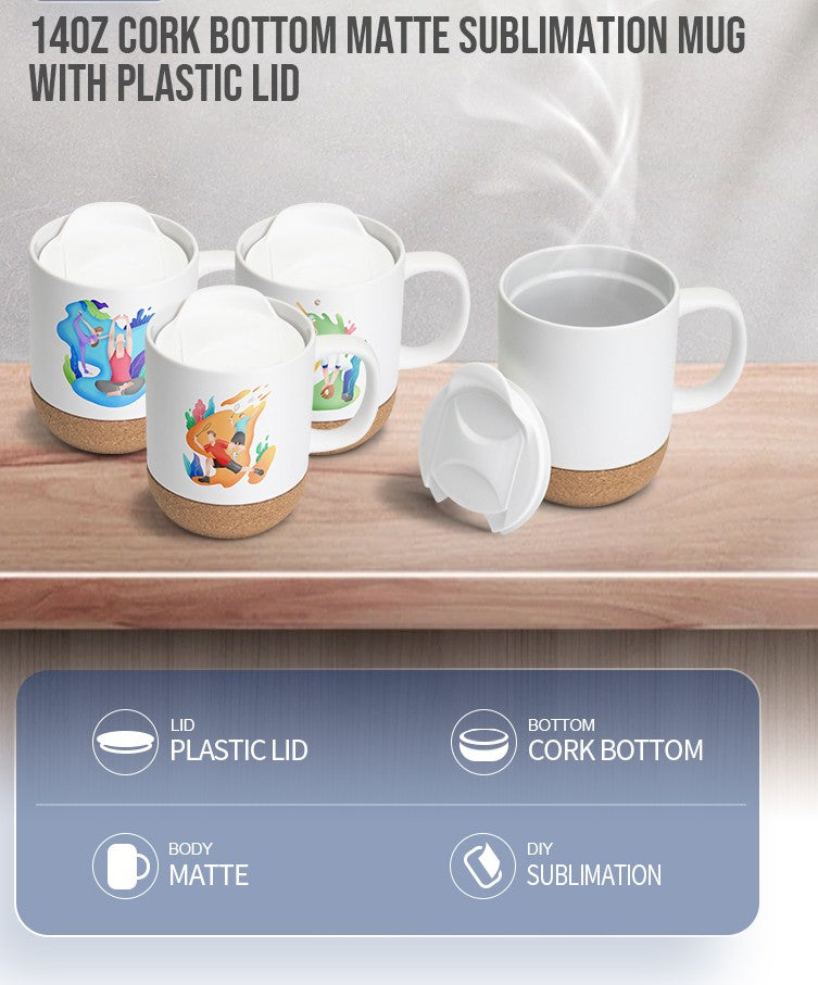 Elegant Mug with Cork Bottom & Plastic Lid - 14oz Matte Sublimation
